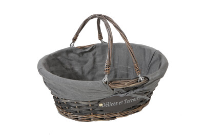 Maria wicker/peeled wood grey ceruse grey fabric oval basket 36x30x14cm